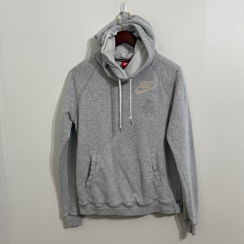 NIKE Swoosh Fleece Sweatshirt Hoodie Womens Large Gray Funnel Neck Ladies